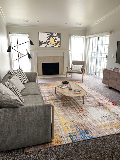 a living room with a couch and a coffee table